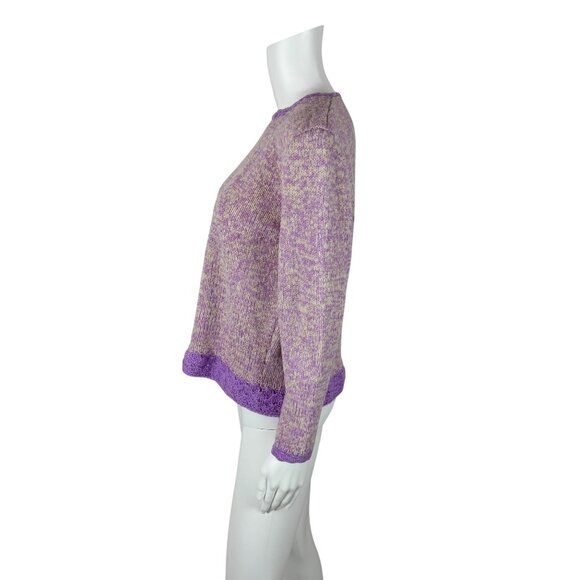 Vintage 60s Crochet Sweater Womens Medium Purple Cream Handmade Pullover - Picture 6 of 9